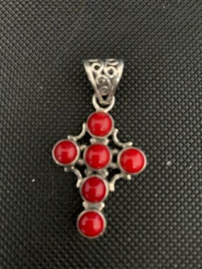 .925 Silver Cross Pendant with Red coral  Stones